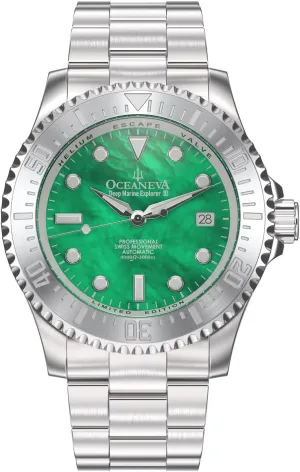Hour Power Reserve Oceaneva? Men's iodine chief epic millennium Deep Marine Explorer III 3000M Pro Diver Watch Green Mother of Pearl Dial - Stainless Steel Bracelet 38 