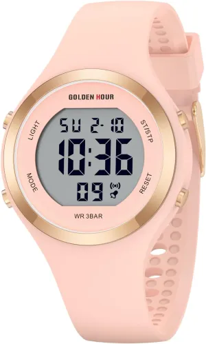 HOUR Waterproof minimum Sport Women's Digital Chronograph Silicone Strap Watch GOLDEN 