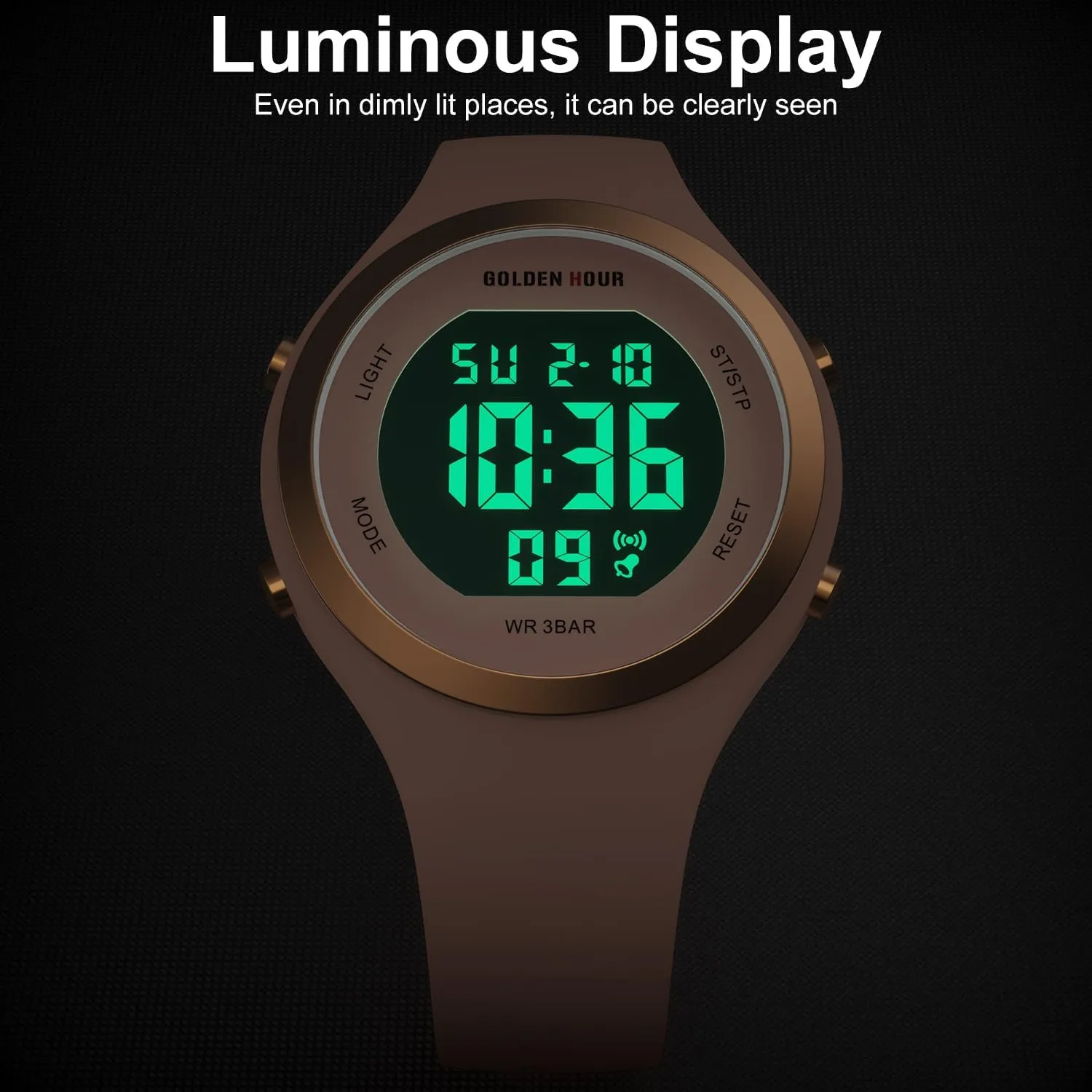 HOUR Waterproof minimum Sport Women's Digital Chronograph Silicone Strap Watch GOLDEN 