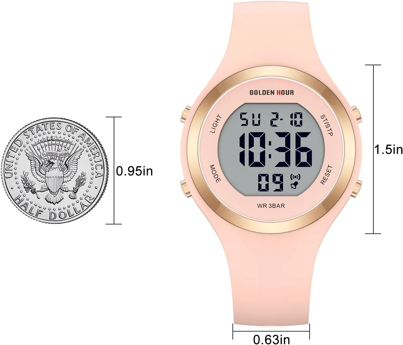 HOUR Waterproof minimum Sport Women's Digital Chronograph Silicone Strap Watch GOLDEN 