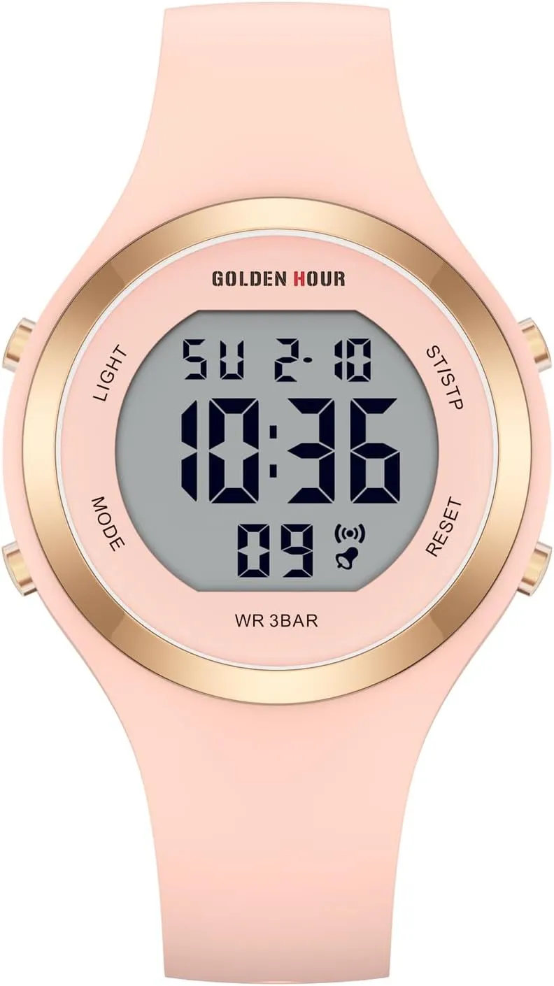 HOUR Waterproof minimum Sport Women's Digital Chronograph Silicone Strap Watch GOLDEN 