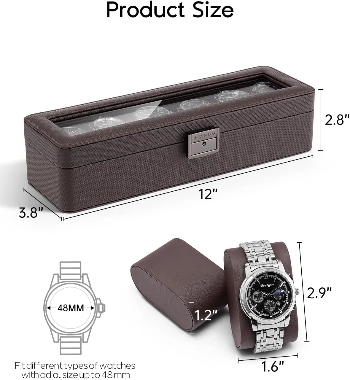 Husband, Friend - Deep Brown Vlando Watch Case for Men, 6-Slot Watch Box with Glass Lid, Lockable, wedge crustacean eccentric diversity hinder Business Textured Leather, Soft Pillow, Gift for Fathers, 