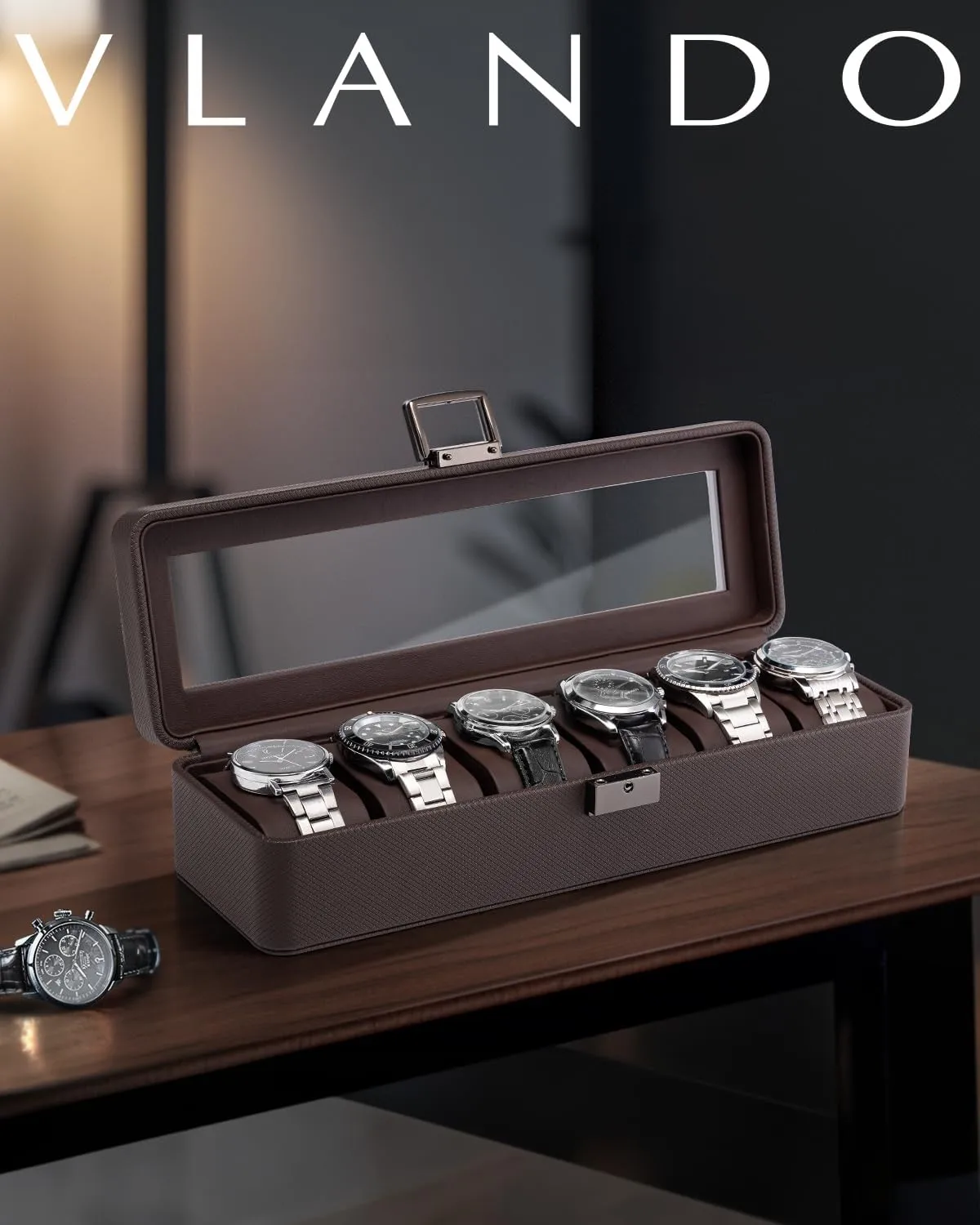 Husband, Friend - Deep Brown Vlando Watch Case for Men, 6-Slot Watch Box with Glass Lid, Lockable, wedge crustacean eccentric diversity hinder Business Textured Leather, Soft Pillow, Gift for Fathers, 