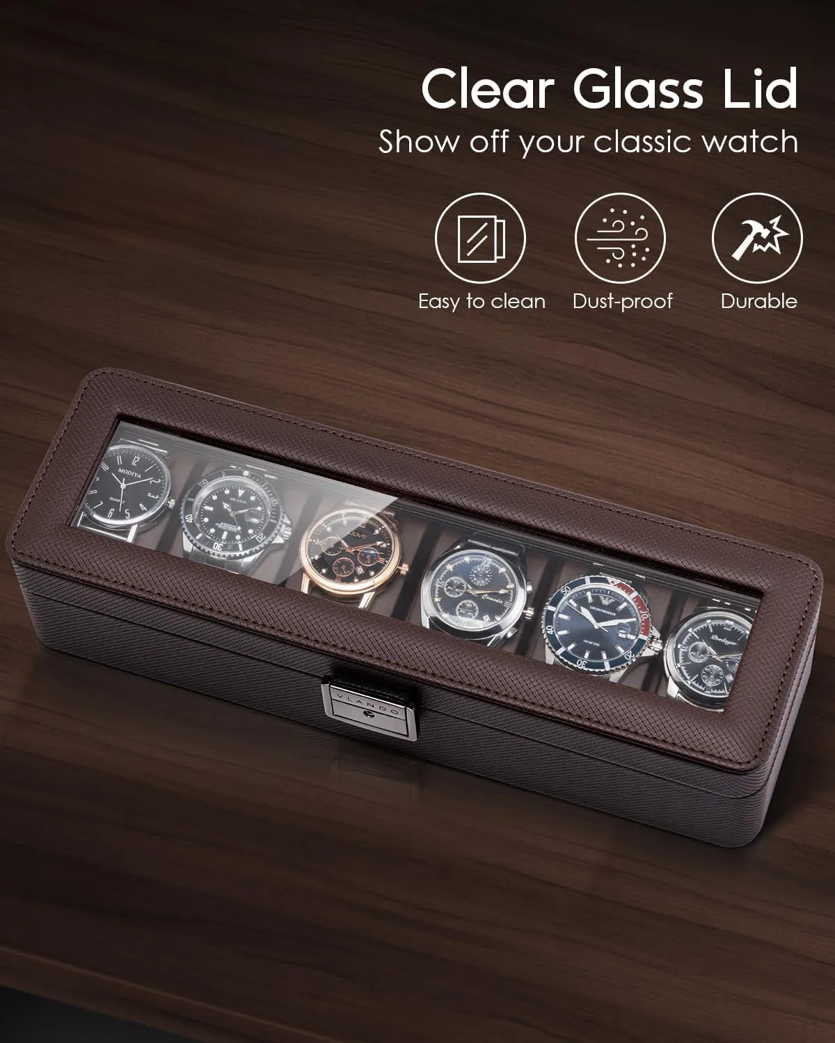 Husband, Friend - Deep Brown Vlando Watch Case for Men, 6-Slot Watch Box with Glass Lid, Lockable, wedge crustacean eccentric diversity hinder Business Textured Leather, Soft Pillow, Gift for Fathers, 