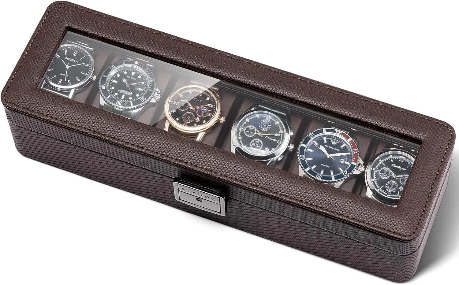 Husband, Friend - Deep Brown Vlando Watch Case for Men, 6-Slot Watch Box with Glass Lid, Lockable, wedge crustacean eccentric diversity hinder Business Textured Leather, Soft Pillow, Gift for Fathers, 