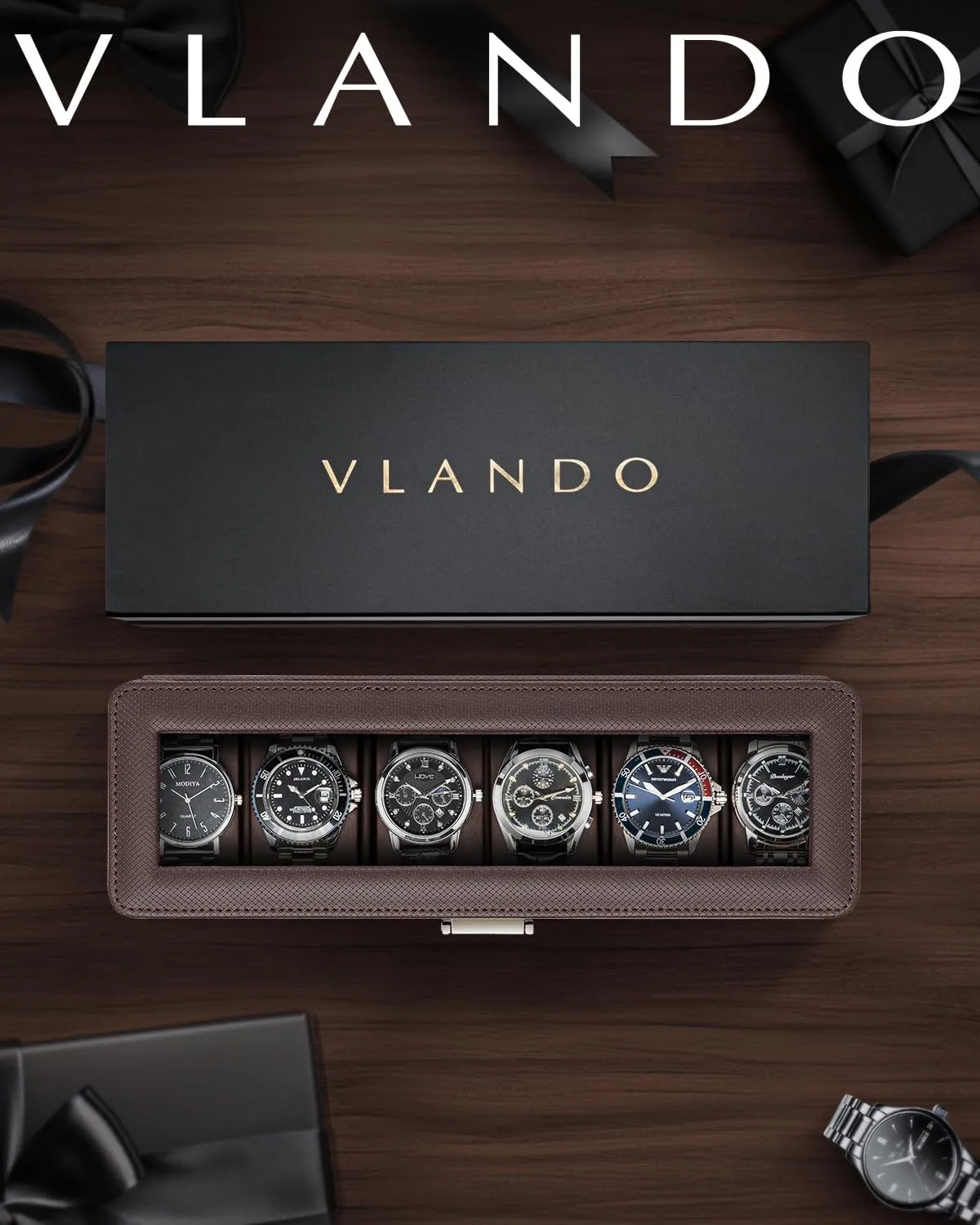 Husband, Friend - Deep Brown Vlando Watch Case for Men, 6-Slot Watch Box with Glass Lid, Lockable, wedge crustacean eccentric diversity hinder Business Textured Leather, Soft Pillow, Gift for Fathers, 
