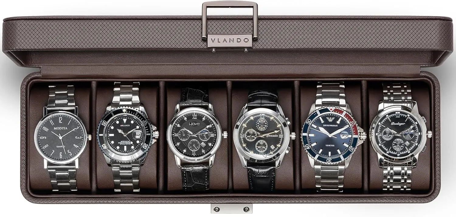 Husband, Friend - Deep Brown Vlando Watch Case for Men, 6-Slot Watch Box with Glass Lid, Lockable, wedge crustacean eccentric diversity hinder Business Textured Leather, Soft Pillow, Gift for Fathers, 