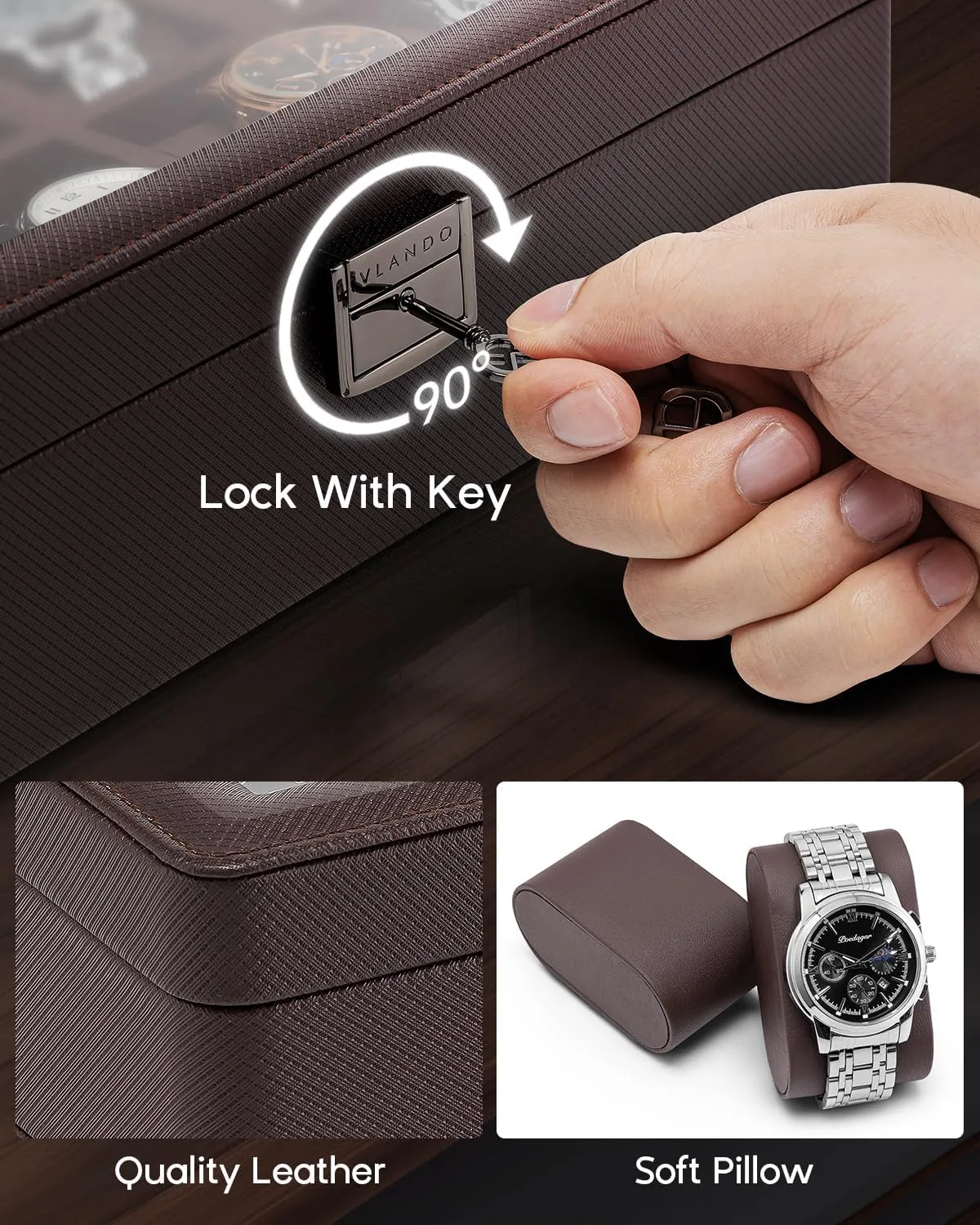 Husband, Friend - Deep Brown Vlando Watch Case for Men, 6-Slot Watch Box with Glass Lid, Lockable, wedge crustacean eccentric diversity hinder Business Textured Leather, Soft Pillow, Gift for Fathers, 