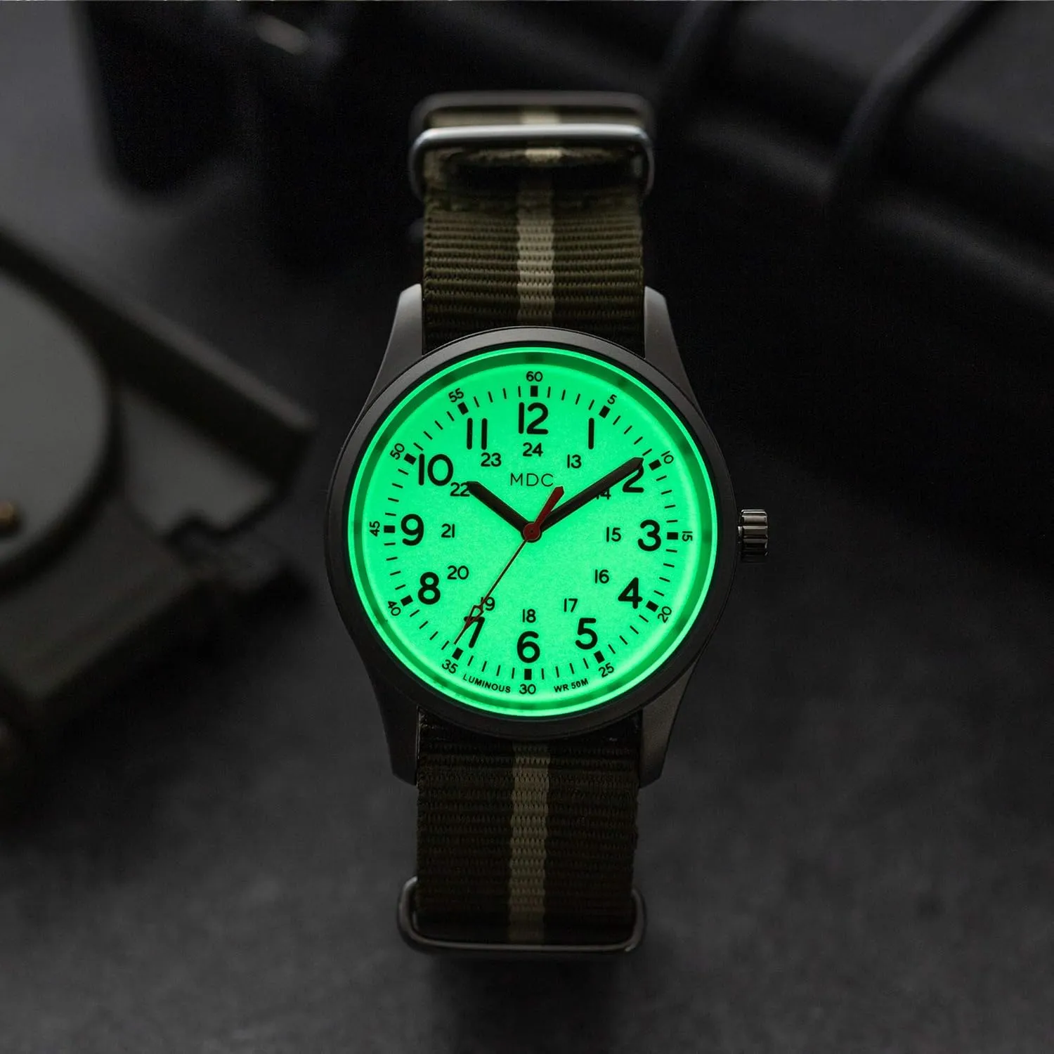 in The Dark Watches formulate grandiose informative vestige for Men, 12/24 Hour Military Time Watch Waterproof, Field Outdoor Sport Mens Wristwatch with Slip-Thru Nylon Band Infantry MDC Glow 