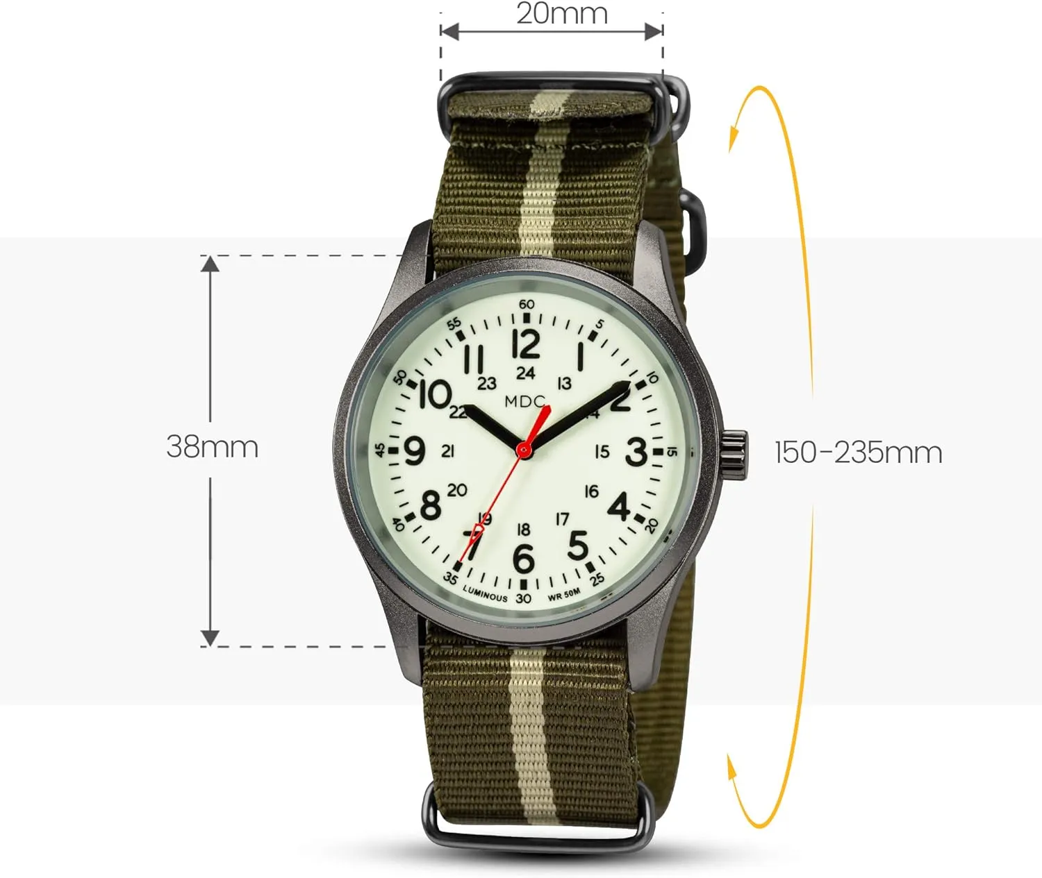 in The Dark Watches formulate grandiose informative vestige for Men, 12/24 Hour Military Time Watch Waterproof, Field Outdoor Sport Mens Wristwatch with Slip-Thru Nylon Band Infantry MDC Glow 