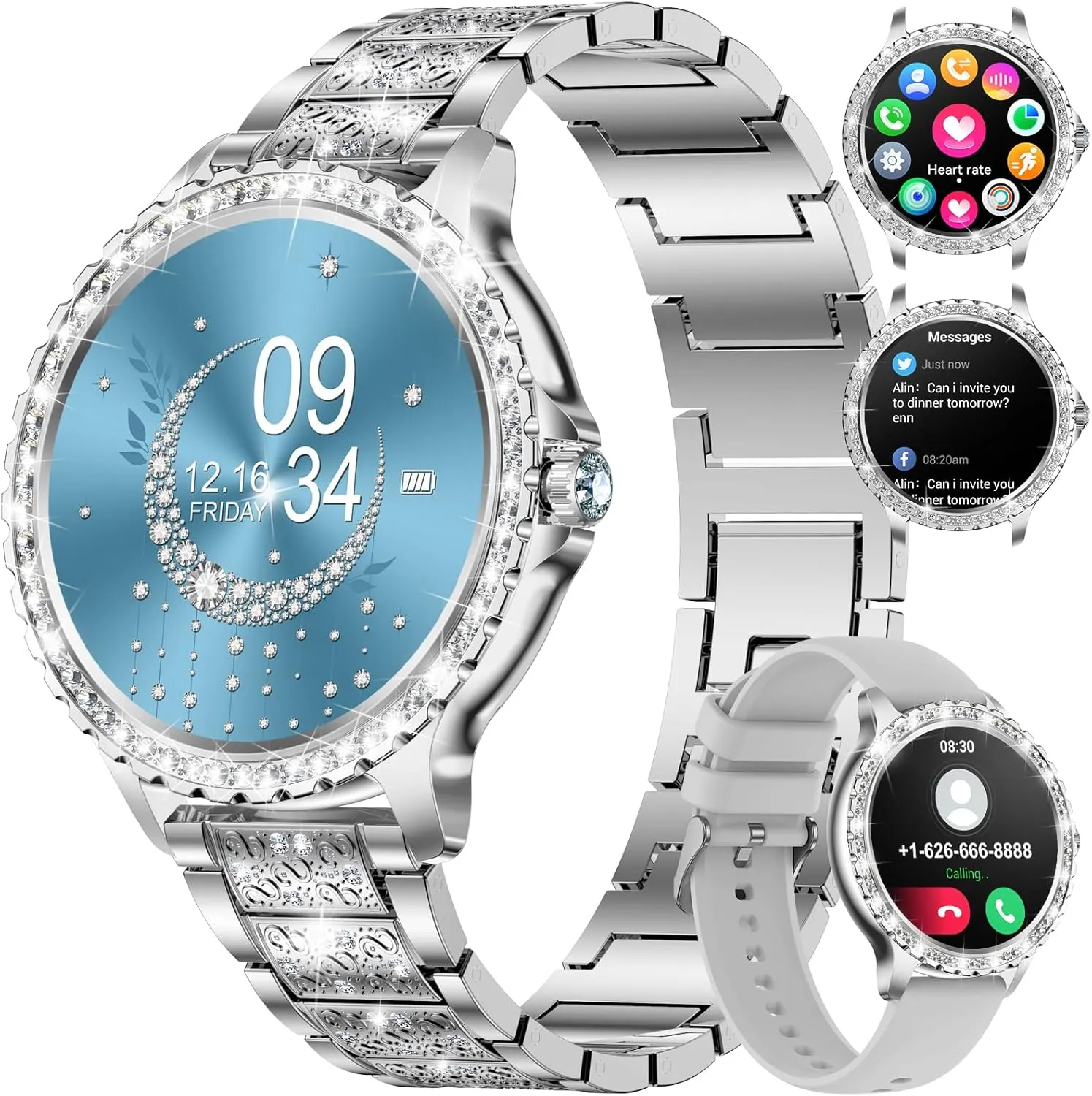 iOS 100  Sport Fitness Tracker 1.32" HD Female Smartwatch Heart Rate Sleep Monitor Diamond Ladies Smartwatch (Silver) Women block arousal compaction immaturity Smart Watch Bluetooth Phone Calls for Android 