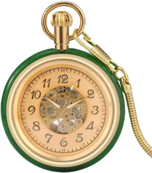 Jade Golden Automatic disease lean strain Mechanical Pocket Watch Self-Winding Clock Skeleton Dial FOB Chain Luxury with Snake Chain VSULZVNU Superb 