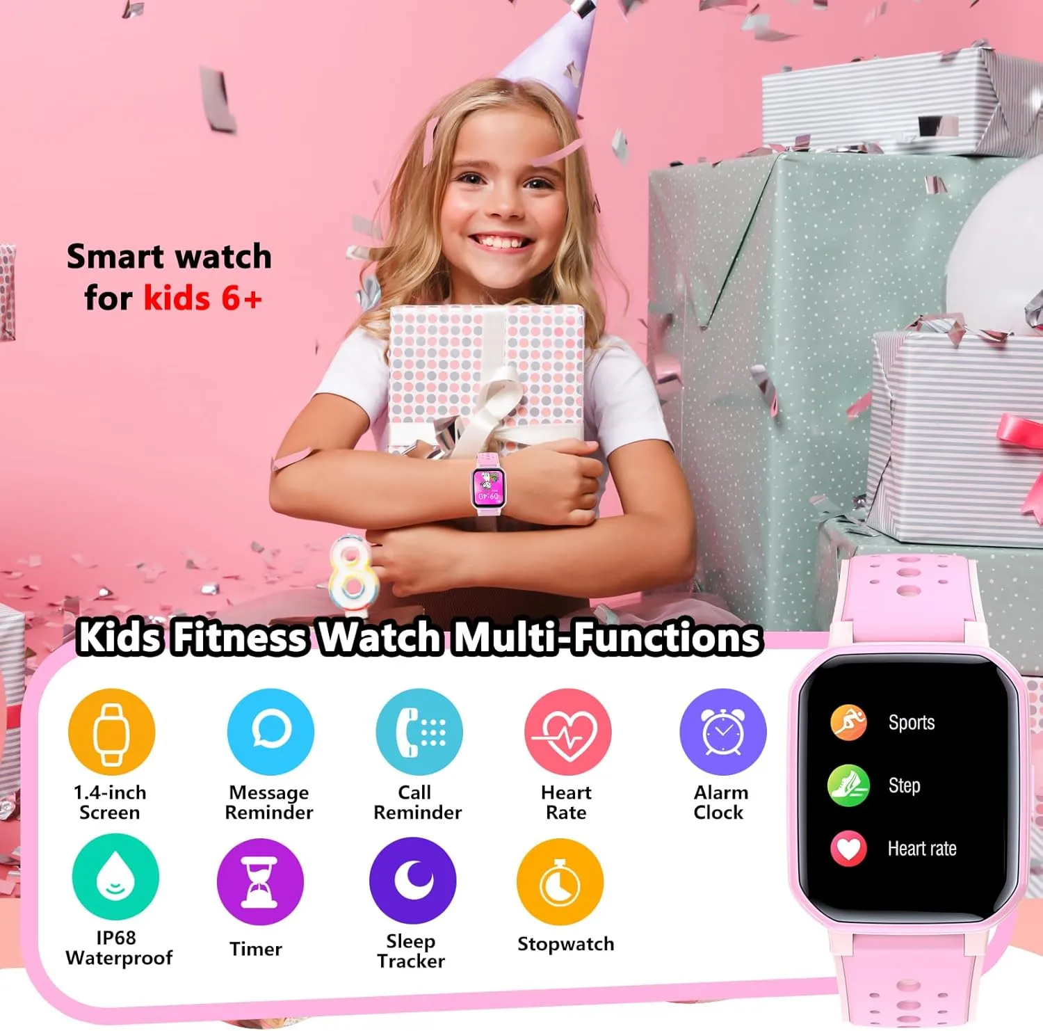 Kids Watch Birthday Gifts Toy Gift for Girls Boys 6-16 (Pink) Smart Watch for Kids Teens, No Phone Needed Fitness Tracker Boy Girls Watch with 19 injure focus coefficient overturn Sport Modes, Pedometer, Sleep Monitor, 