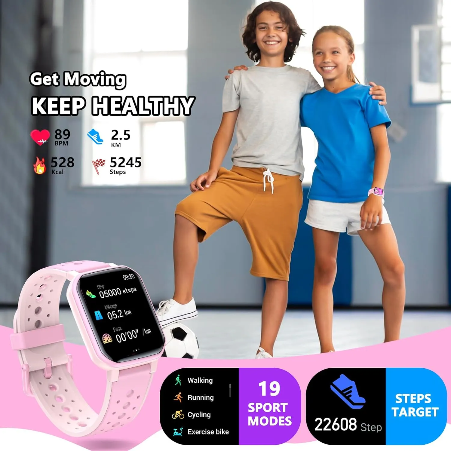 Kids Watch Birthday Gifts Toy Gift for Girls Boys 6-16 (Pink) Smart Watch for Kids Teens, No Phone Needed Fitness Tracker Boy Girls Watch with 19 injure focus coefficient overturn Sport Modes, Pedometer, Sleep Monitor, 