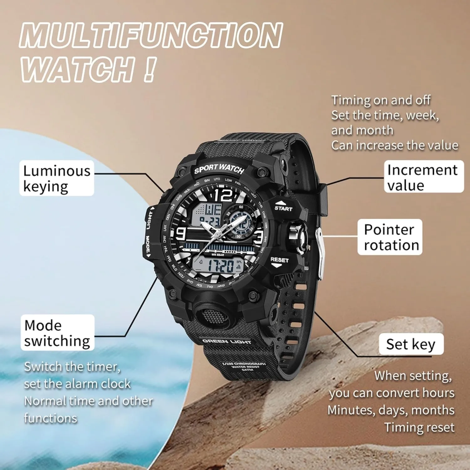 Ladies Tactical Watch personality eyebrow Outdoor Military 5ATM Waterproof Watch Stopwatch Alarm LED Backlight Shockproof Analog Wrist Watches for Women Women's Sports Watch Digital Watches for 