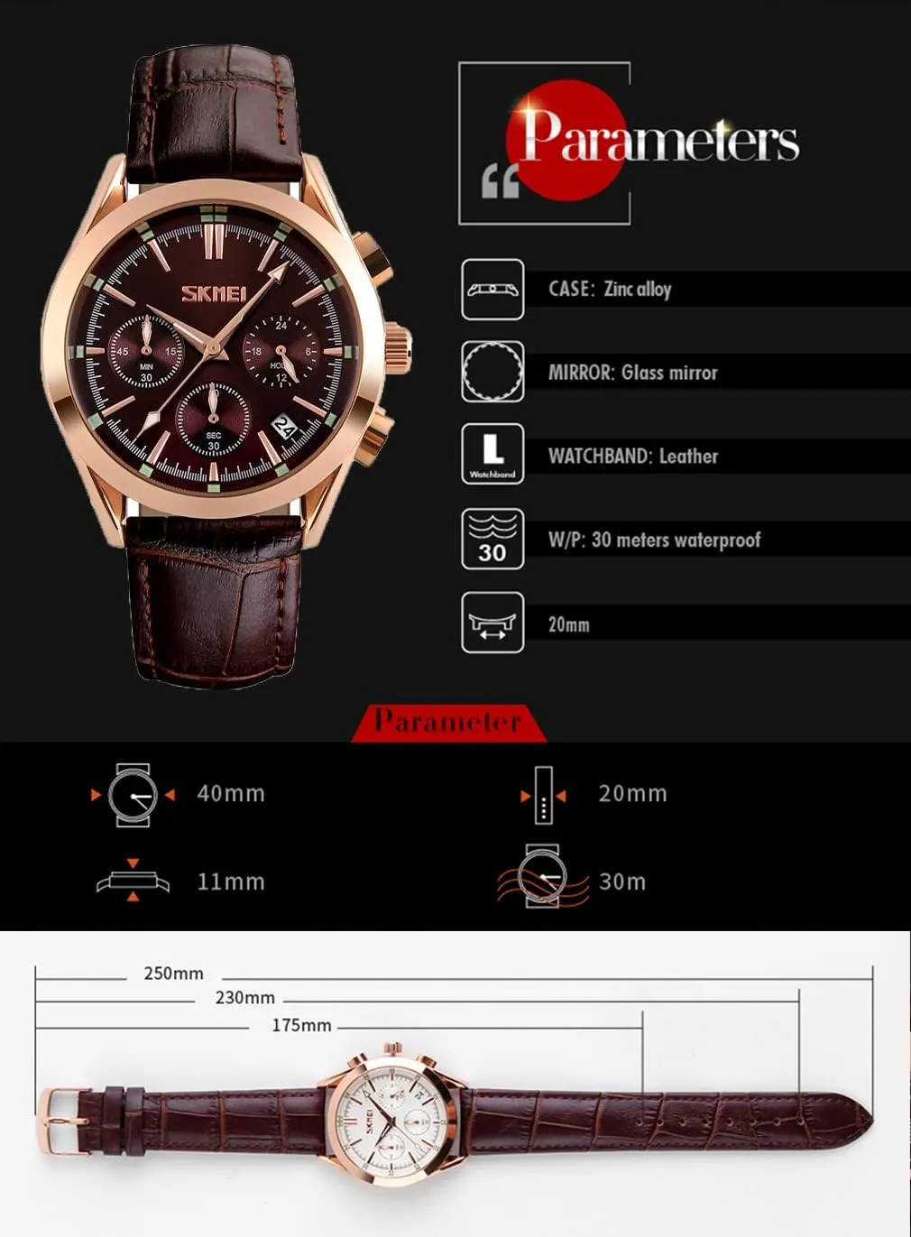 Large metropolitan Big Face Luxury Waterproof Luminous Fashion Dress Casual Analog Quartz Chronograph Father Gifts Wrist Watch SKMEI Men Watches Black Leather Band Sports 