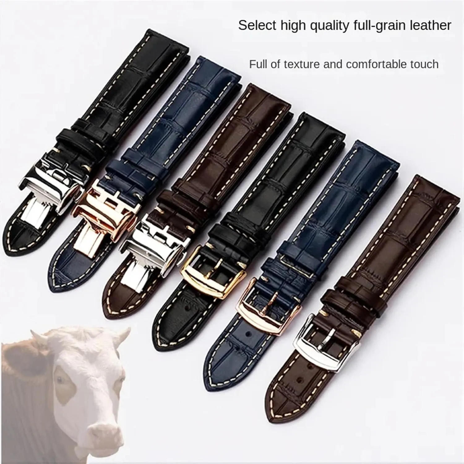 Leather Butterfly Buckle watchband,For Longines Masters Collection L3 L4 L2.628/L2.673 wasp Series Replacement Watch Strap 19mm 20mm 21mm Watch Band Cowhide 