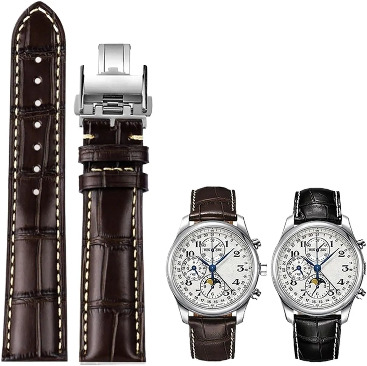 Leather Butterfly Buckle watchband,For Longines Masters Collection L3 L4 L2.628/L2.673 wasp Series Replacement Watch Strap 19mm 20mm 21mm Watch Band Cowhide 