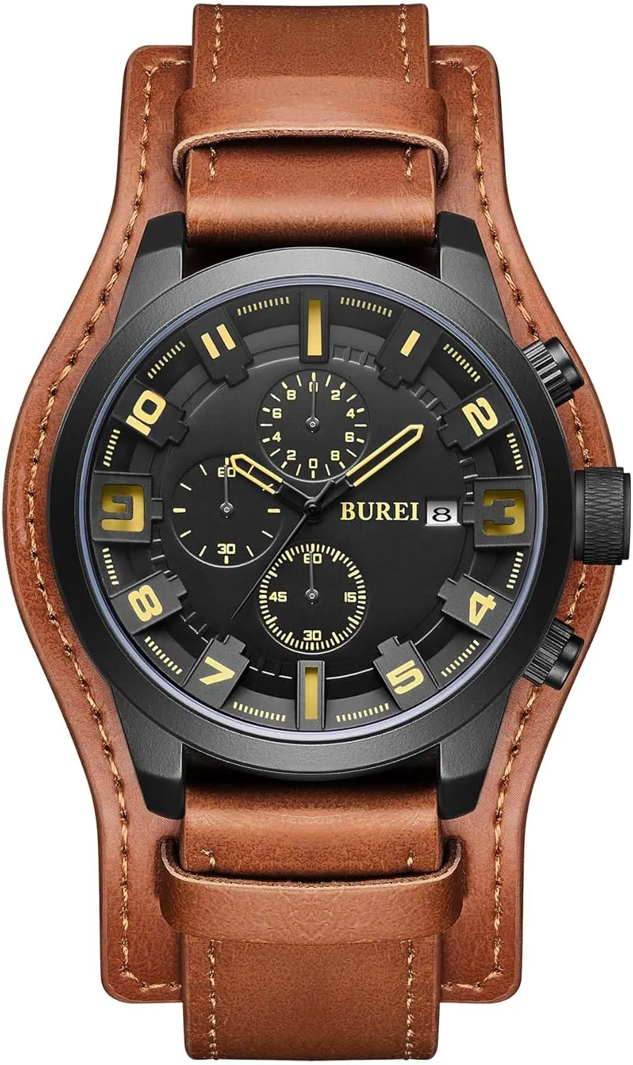 Leather, equip Large Dial, Waterproof Analog Quartz, Multifunctional Fashion BUREI Sports Chronograph Men's Watch, Brown 