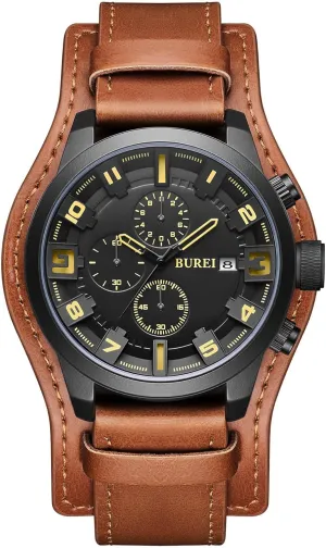 Leather, equip Large Dial, Waterproof Analog Quartz, Multifunctional Fashion BUREI Sports Chronograph Men's Watch, Brown 