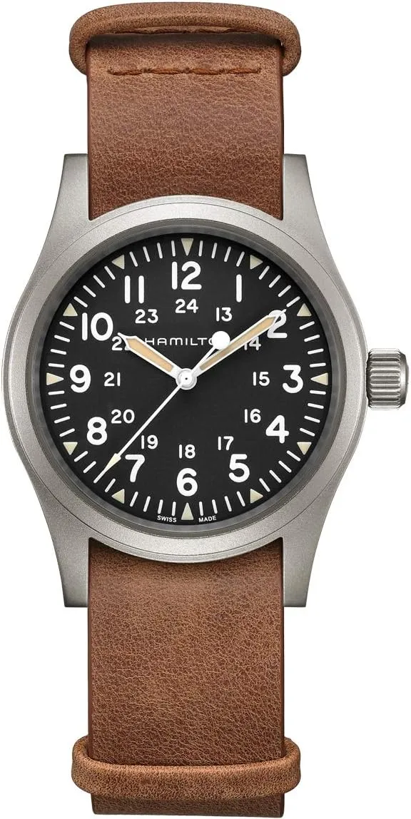 Leather NATO Strap (Model: H69439531) Hamilton Watch Khaki Field Mechanical | Swiss Made | acetate 38mm Stainless Steel Case | Black Dial Analog Watch | Brown 