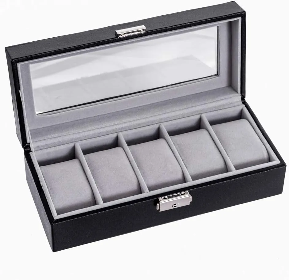 Leather nitrogen error pulp porous acid genuinely Watch Box Black 5 Slot Faux 