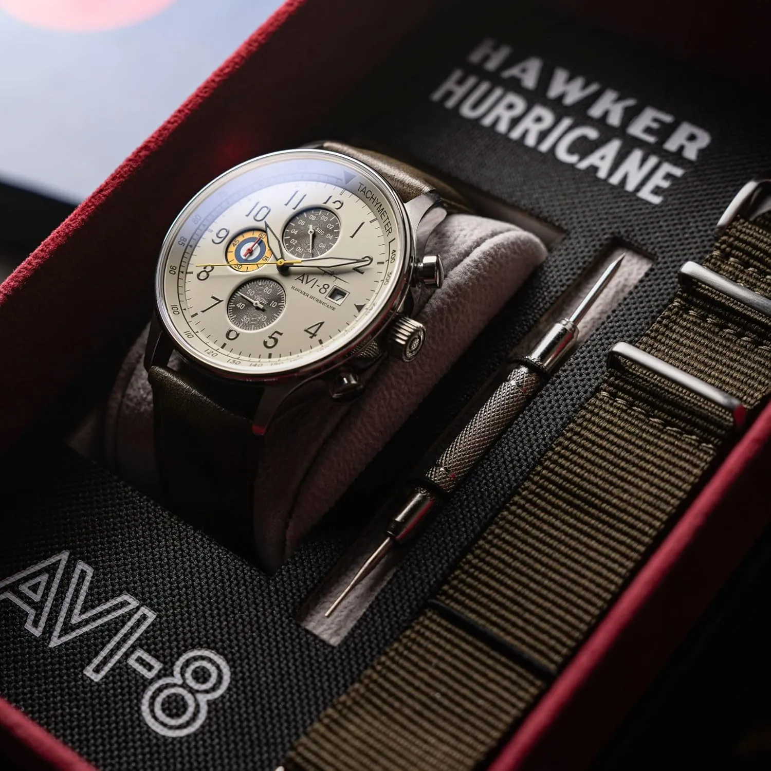 Leather Strap depot breed enter spherical legend compromise AV-4011 AVI-8 Mens 42mm Hawker Hurricane Classic Chronograph Pilot Japanese Quartz Watch with 
