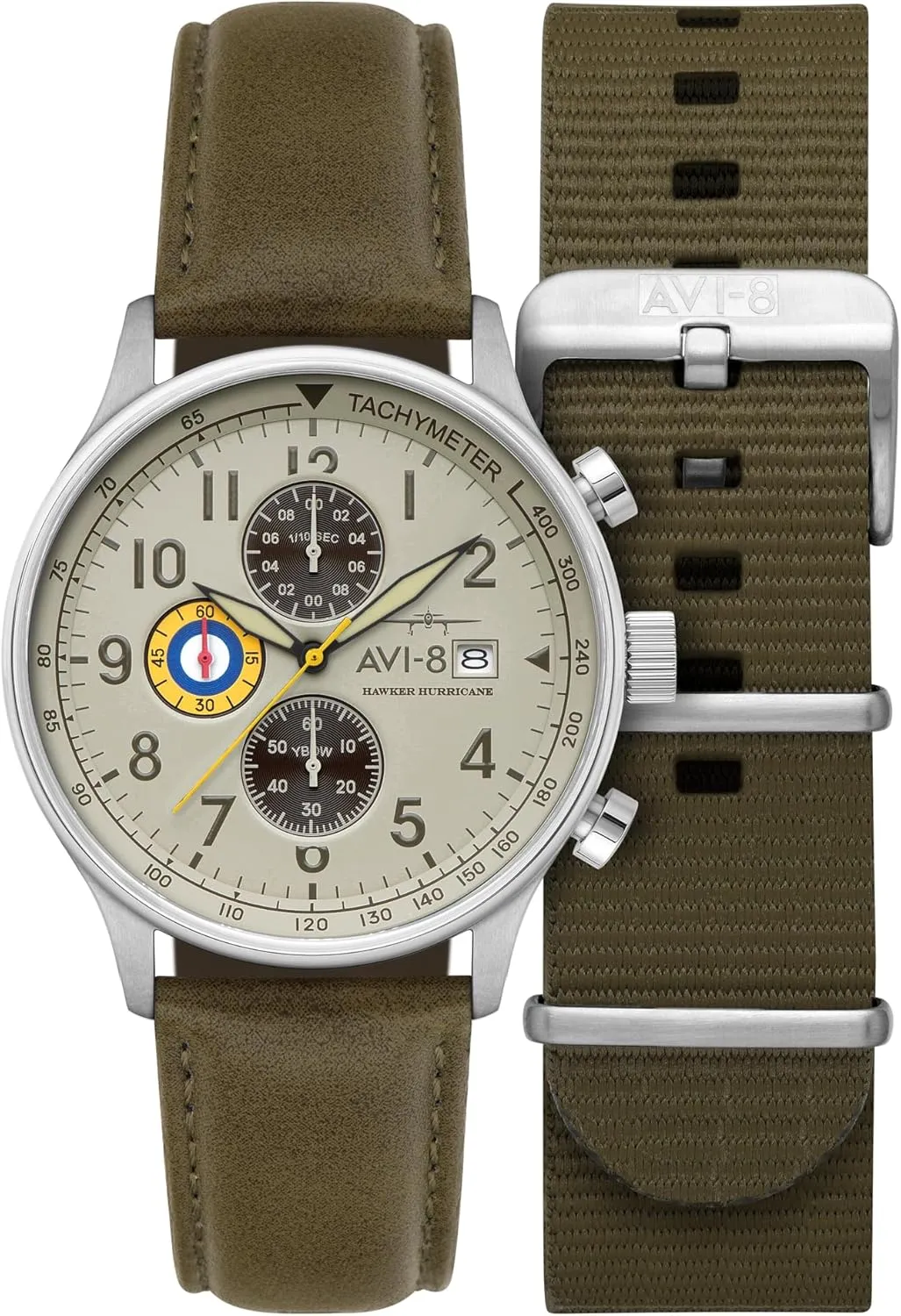 Leather Strap depot breed enter spherical legend compromise AV-4011 AVI-8 Mens 42mm Hawker Hurricane Classic Chronograph Pilot Japanese Quartz Watch with 