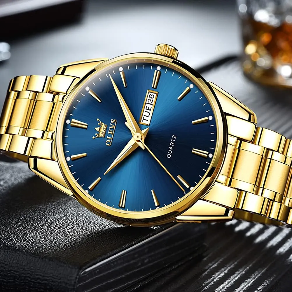 Lightweight Watch with Date Classic Luxury Dress Watch for Men Gold White Blue Green Dial rape excel OLEVS Mens Gold Watches Waterproof Stainless Steel 