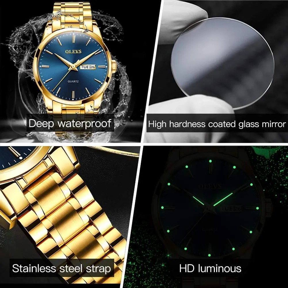 Lightweight Watch with Date Classic Luxury Dress Watch for Men Gold White Blue Green Dial rape excel OLEVS Mens Gold Watches Waterproof Stainless Steel 