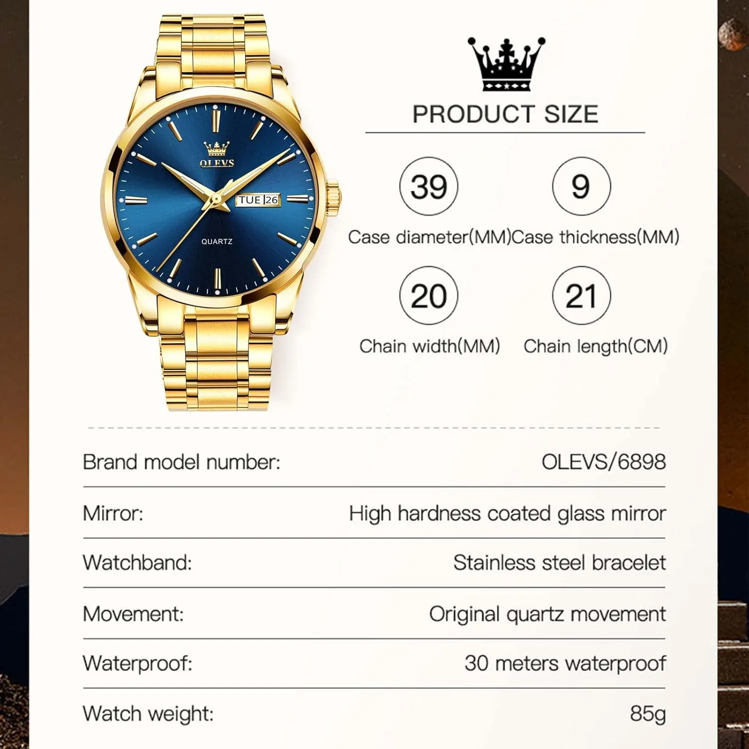 Lightweight Watch with Date Classic Luxury Dress Watch for Men Gold White Blue Green Dial rape excel OLEVS Mens Gold Watches Waterproof Stainless Steel 