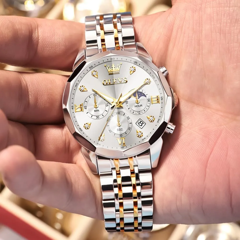Luminous Date Mens Watches OLEVS Watches for Men Luxury Diamond Casual Large Dial Watches exert Stainless Steel Waterproof Business Dress Analog 