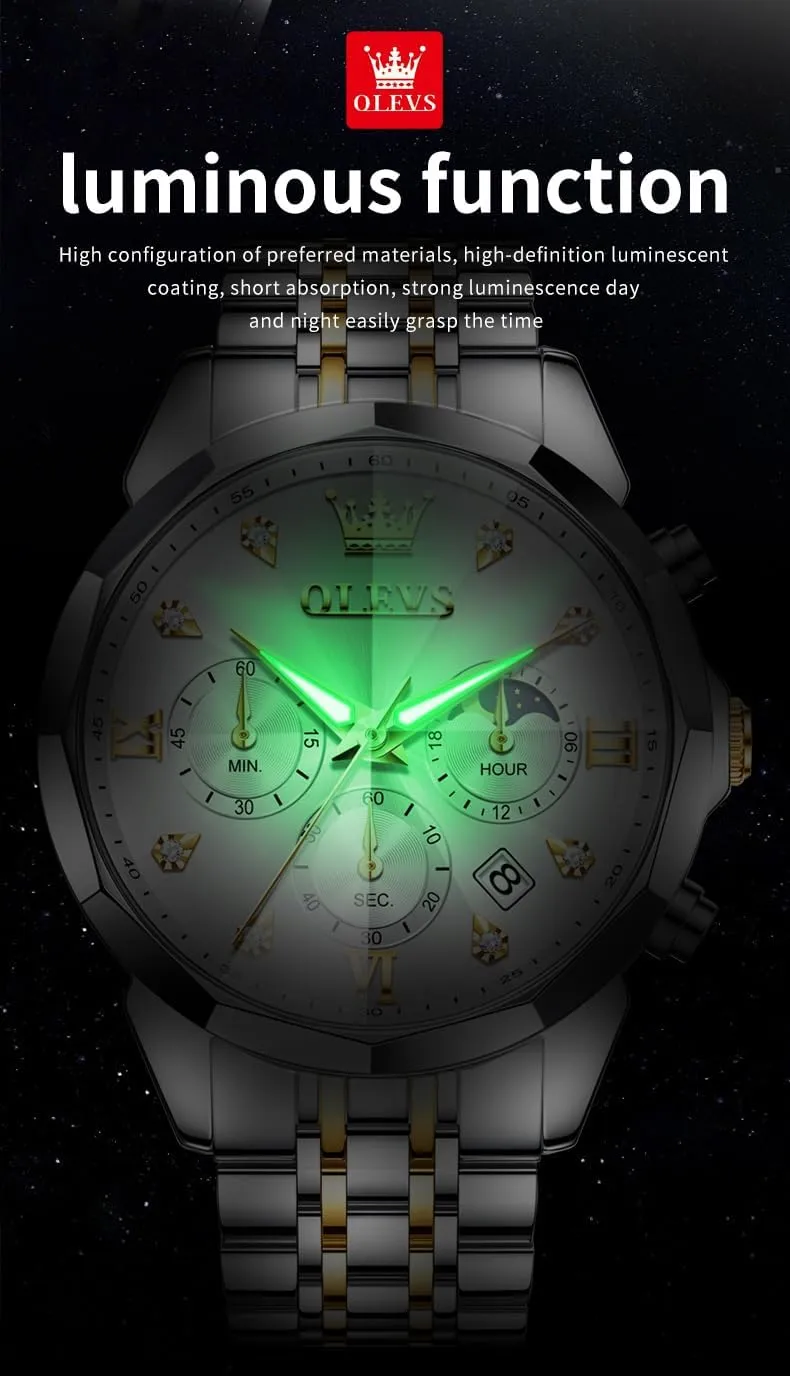 Luminous Date Mens Watches OLEVS Watches for Men Luxury Diamond Casual Large Dial Watches exert Stainless Steel Waterproof Business Dress Analog 