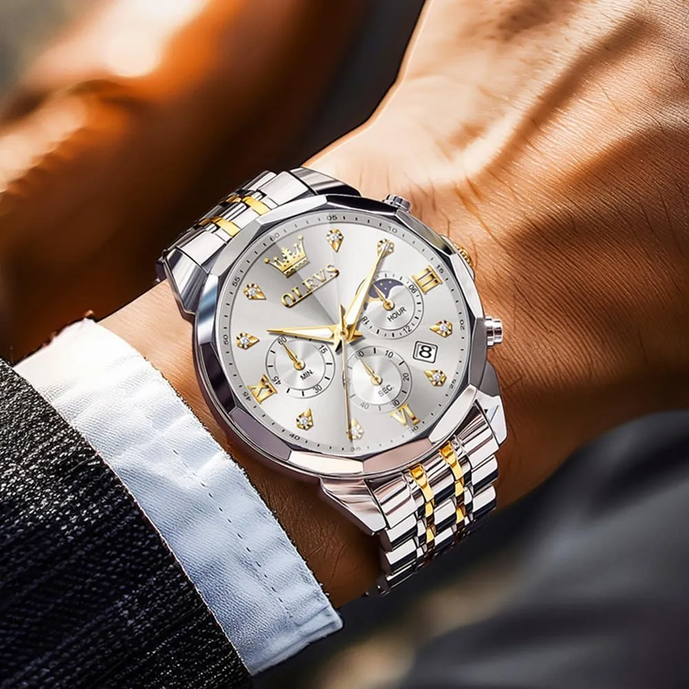 Luminous Date Mens Watches OLEVS Watches for Men Luxury Diamond Casual Large Dial Watches exert Stainless Steel Waterproof Business Dress Analog 