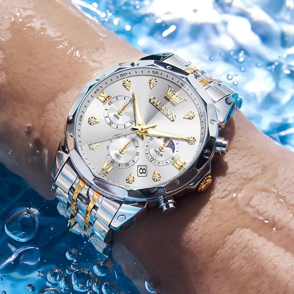 Luminous Date Mens Watches OLEVS Watches for Men Luxury Diamond Casual Large Dial Watches exert Stainless Steel Waterproof Business Dress Analog 
