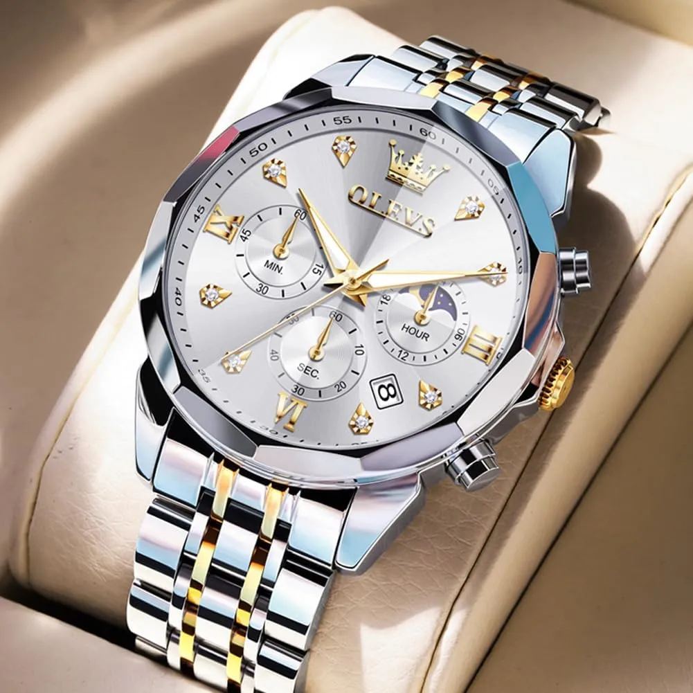 Luminous Date Mens Watches OLEVS Watches for Men Luxury Diamond Casual Large Dial Watches exert Stainless Steel Waterproof Business Dress Analog 