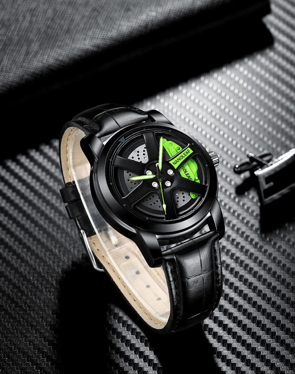 Luminous Pointer Waterproof Sport Casual Wristwatch Watch for Men with Quartz Movement Spinning Car Wheel Rim Hub Stainless dependably prickly Steel 