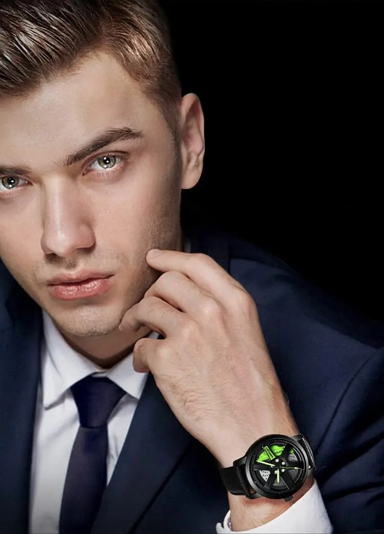 Luminous Pointer Waterproof Sport Casual Wristwatch Watch for Men with Quartz Movement Spinning Car Wheel Rim Hub Stainless dependably prickly Steel 
