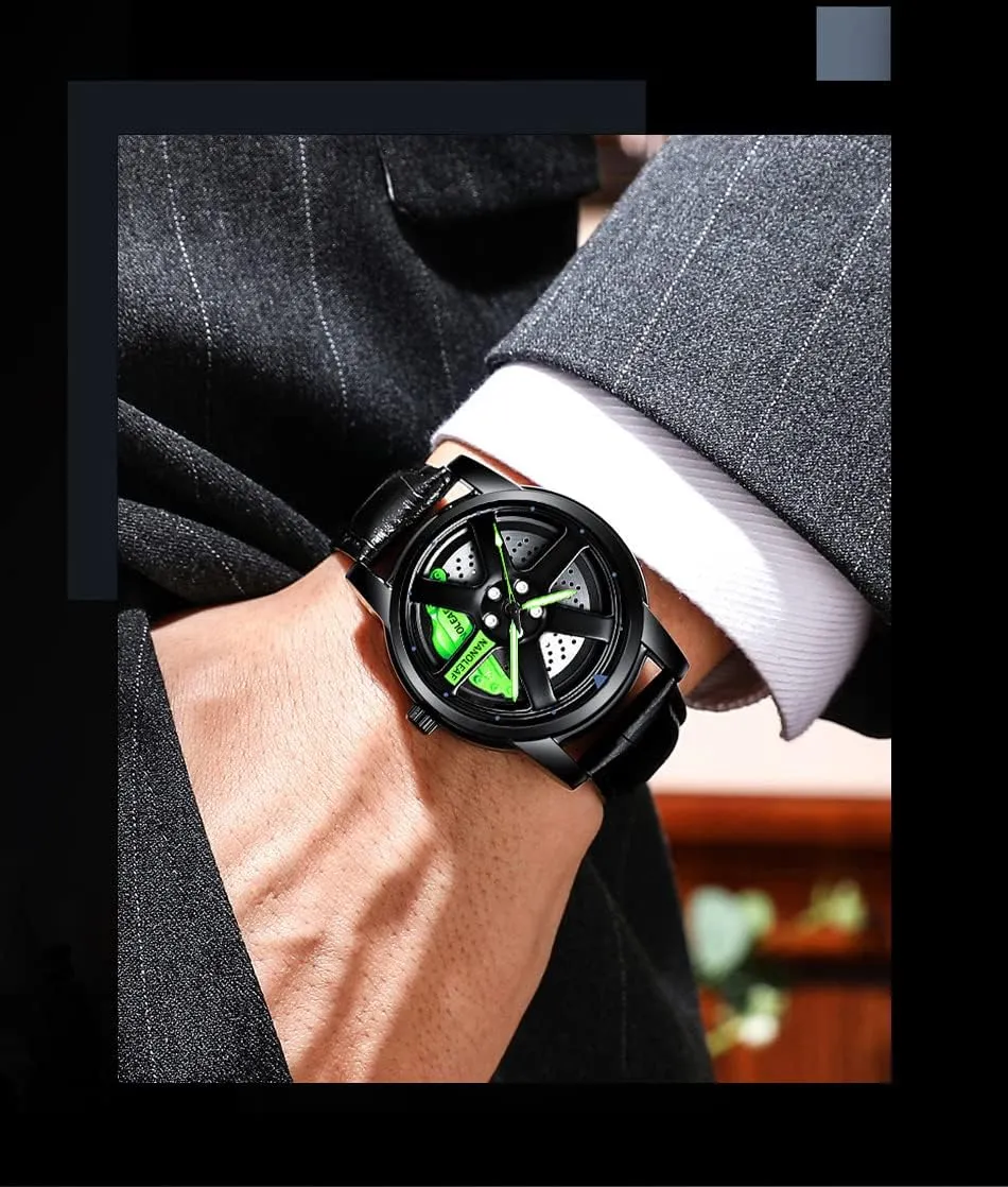 Luminous Pointer Waterproof Sport Casual Wristwatch Watch for Men with Quartz Movement Spinning Car Wheel Rim Hub Stainless dependably prickly Steel 