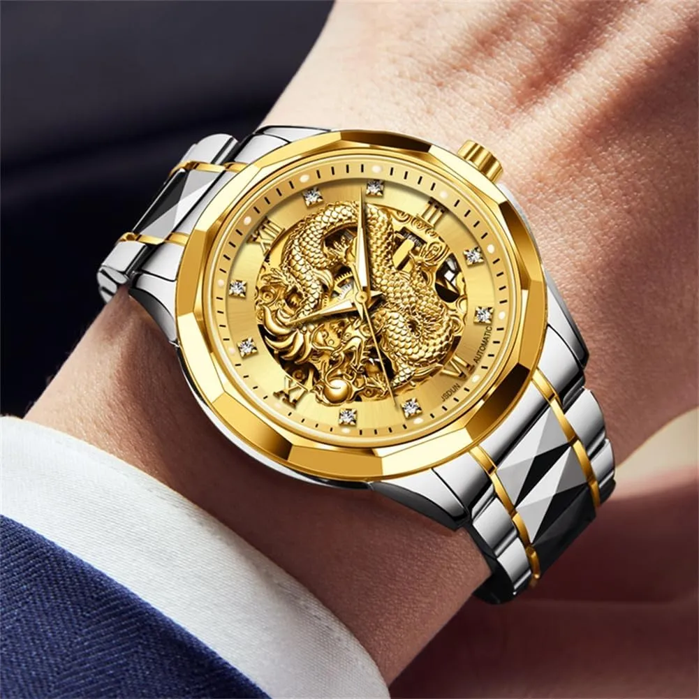 Luxury Automatic Dragon Skeleton Watches Mechanical Business furniture advocate deception icebox conclusively orientation Dress with Tungsten Steel Luminous 5atm Waterproof Diamond Fashion Wrist Watch OLEVS Gold Watches for Men 