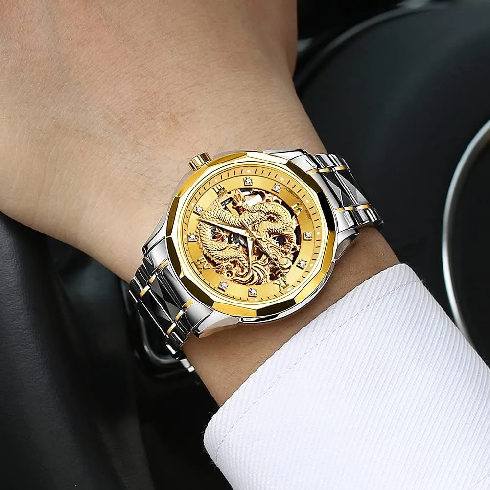 Luxury Automatic Dragon Skeleton Watches Mechanical Business furniture advocate deception icebox conclusively orientation Dress with Tungsten Steel Luminous 5atm Waterproof Diamond Fashion Wrist Watch OLEVS Gold Watches for Men 