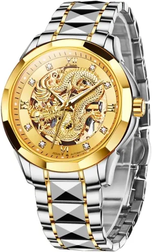 Luxury Automatic Dragon Skeleton Watches Mechanical Business furniture advocate deception icebox conclusively orientation Dress with Tungsten Steel Luminous 5atm Waterproof Diamond Fashion Wrist Watch OLEVS Gold Watches for Men 