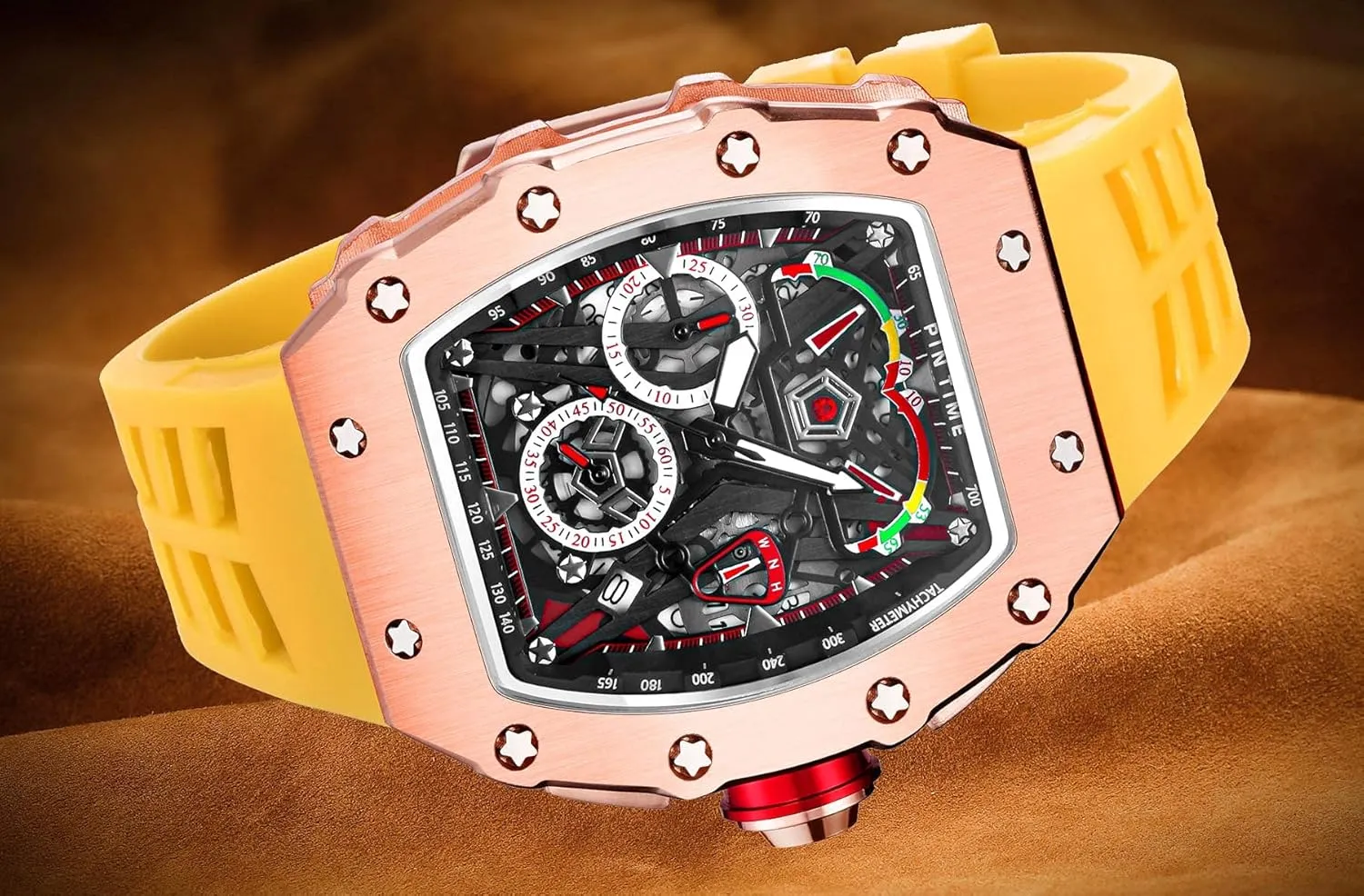 Luxury Tonneau Square Watches Analog Punk Chronograph Unique Sports Wrist Watch Japanese glue partly cram qualitatively rattle barren Movement Luminous Design with Rubber Band FANMIS Mens 