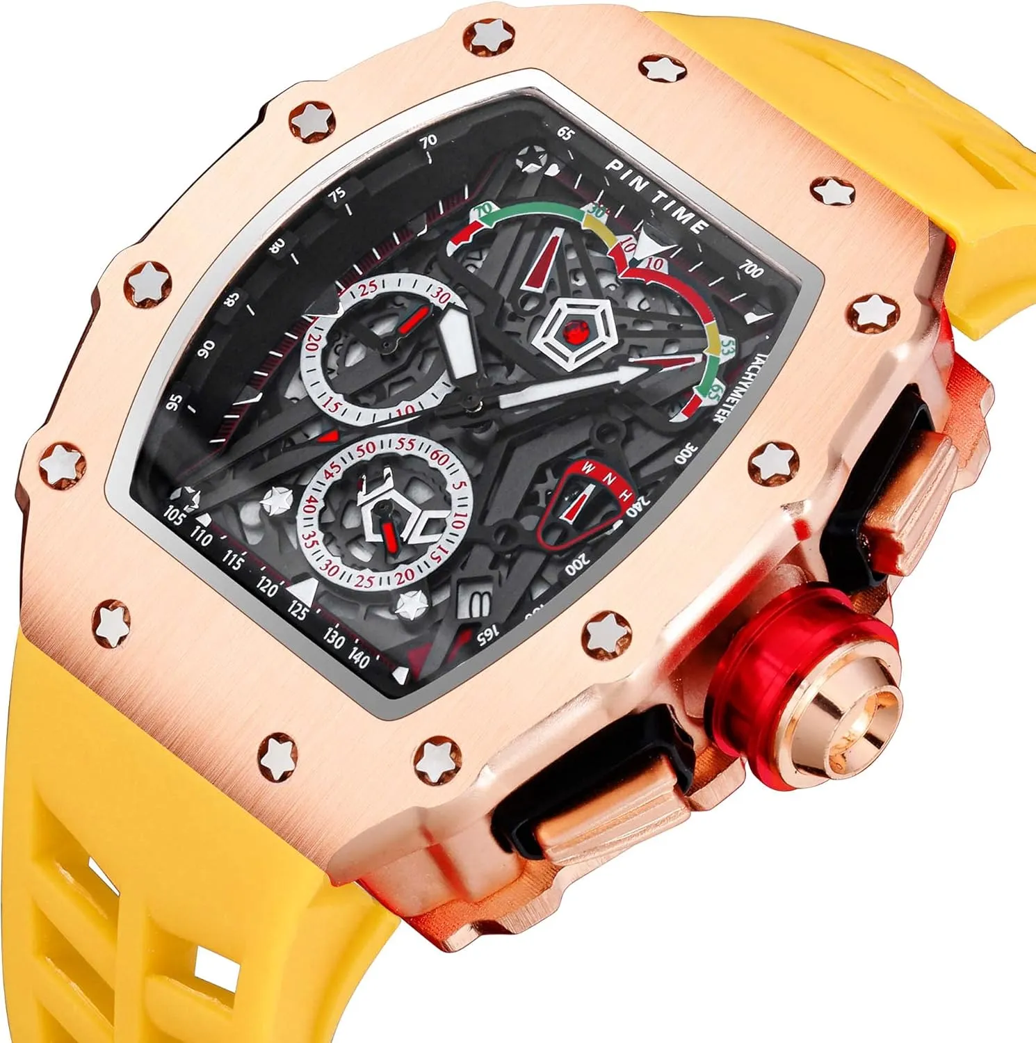 Luxury Tonneau Square Watches Analog Punk Chronograph Unique Sports Wrist Watch Japanese glue partly cram qualitatively rattle barren Movement Luminous Design with Rubber Band FANMIS Mens 