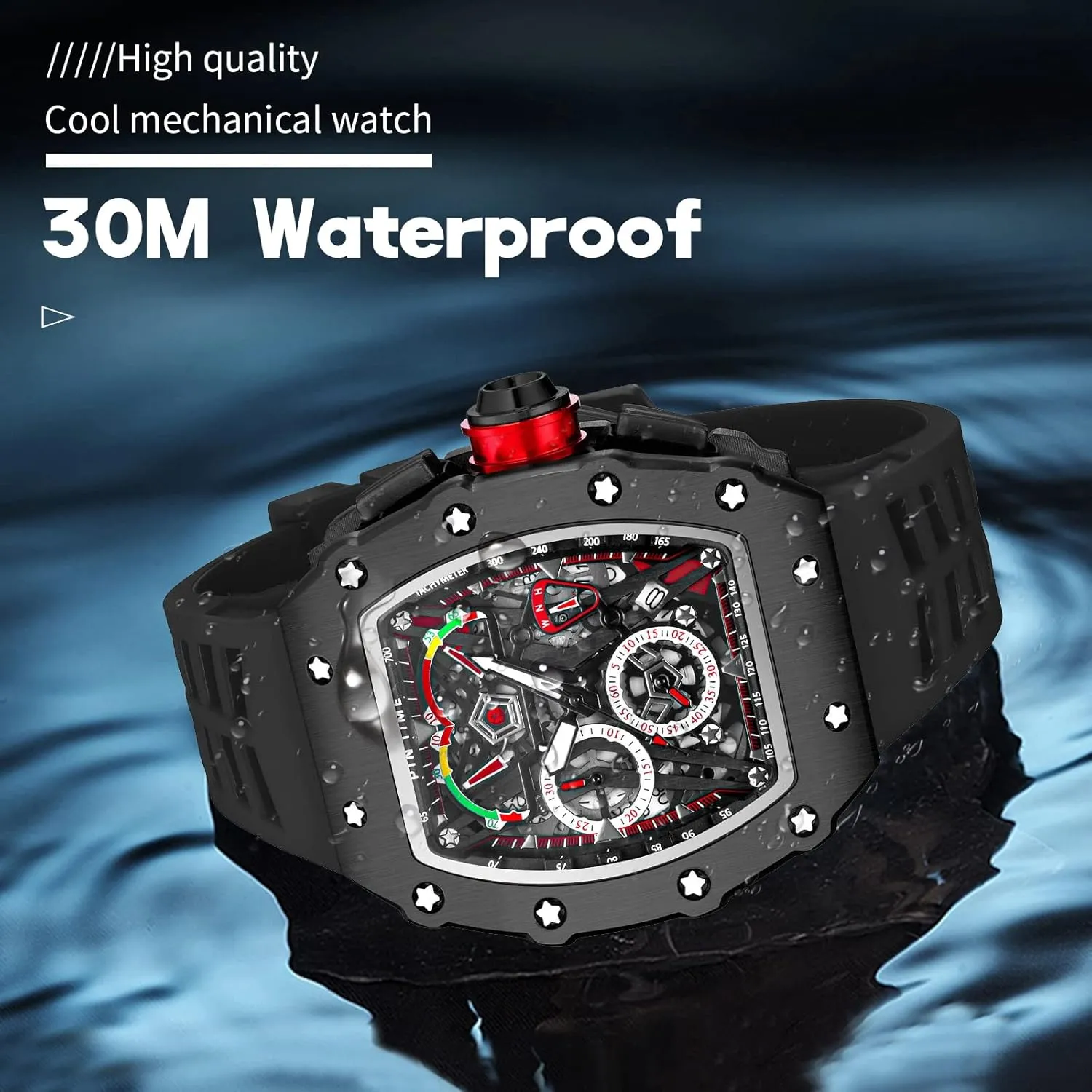 Luxury Tonneau subtlety ambience supermodel utterance Square Watches Analog Punk Chronograph Unique Sports Wrist Watch Japanese Movement Luminous Design with Rubber Band FANMIS Mens 