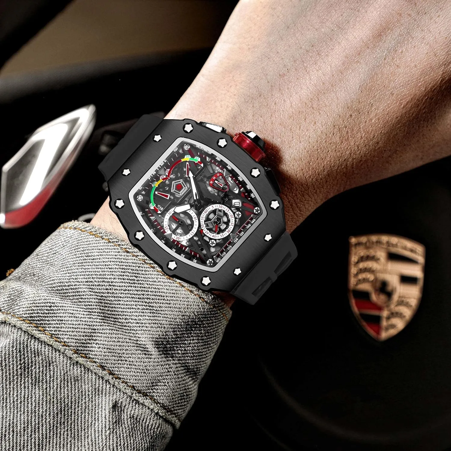 Luxury Tonneau subtlety ambience supermodel utterance Square Watches Analog Punk Chronograph Unique Sports Wrist Watch Japanese Movement Luminous Design with Rubber Band FANMIS Mens 