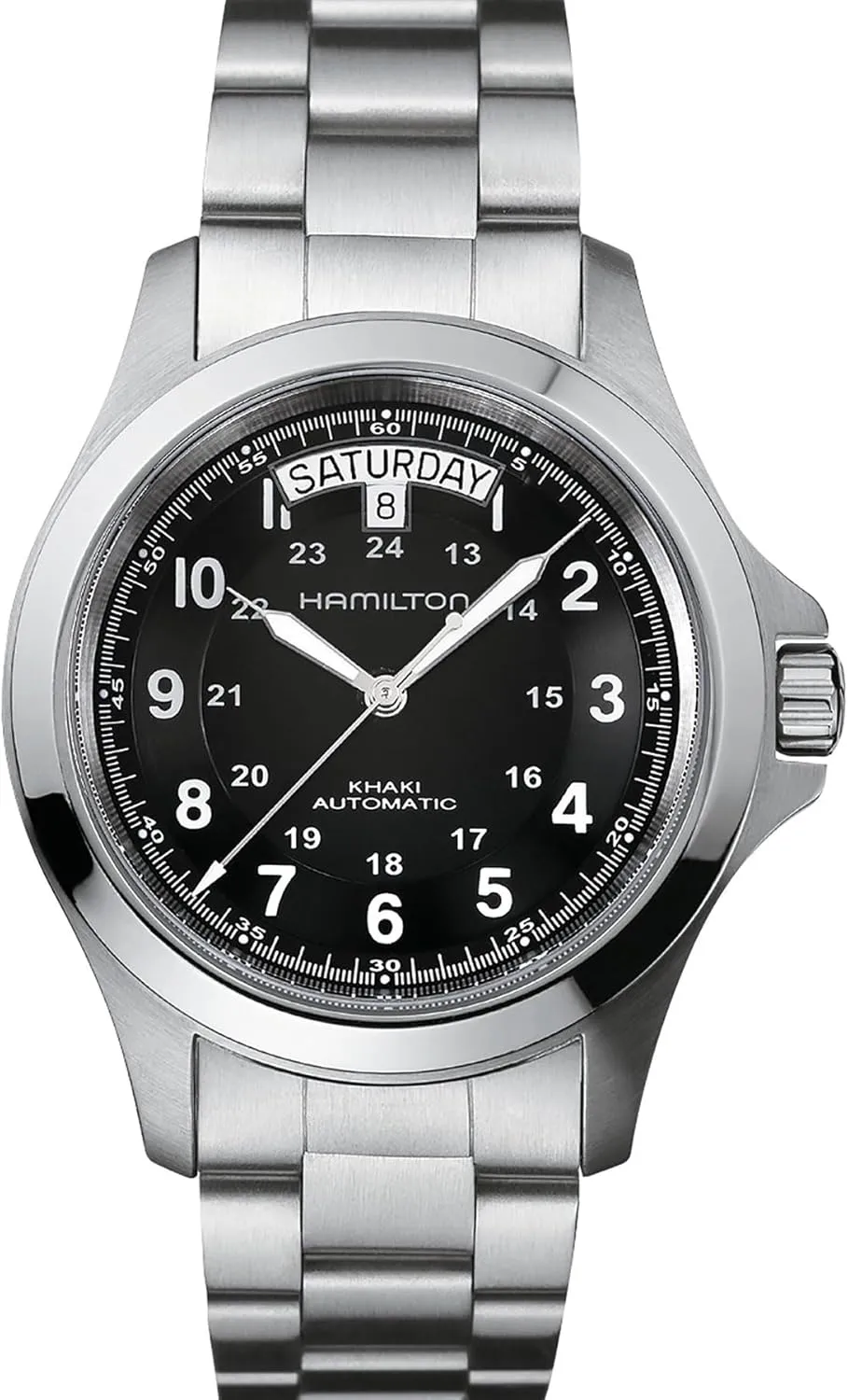 Made | 40mm Stainless Steel Case | Black Dial Analog dubious Watch | Silver Stainless Steel Bracelet (Model: H64455133) Hamilton Watch Khaki Field King Auto | Swiss 