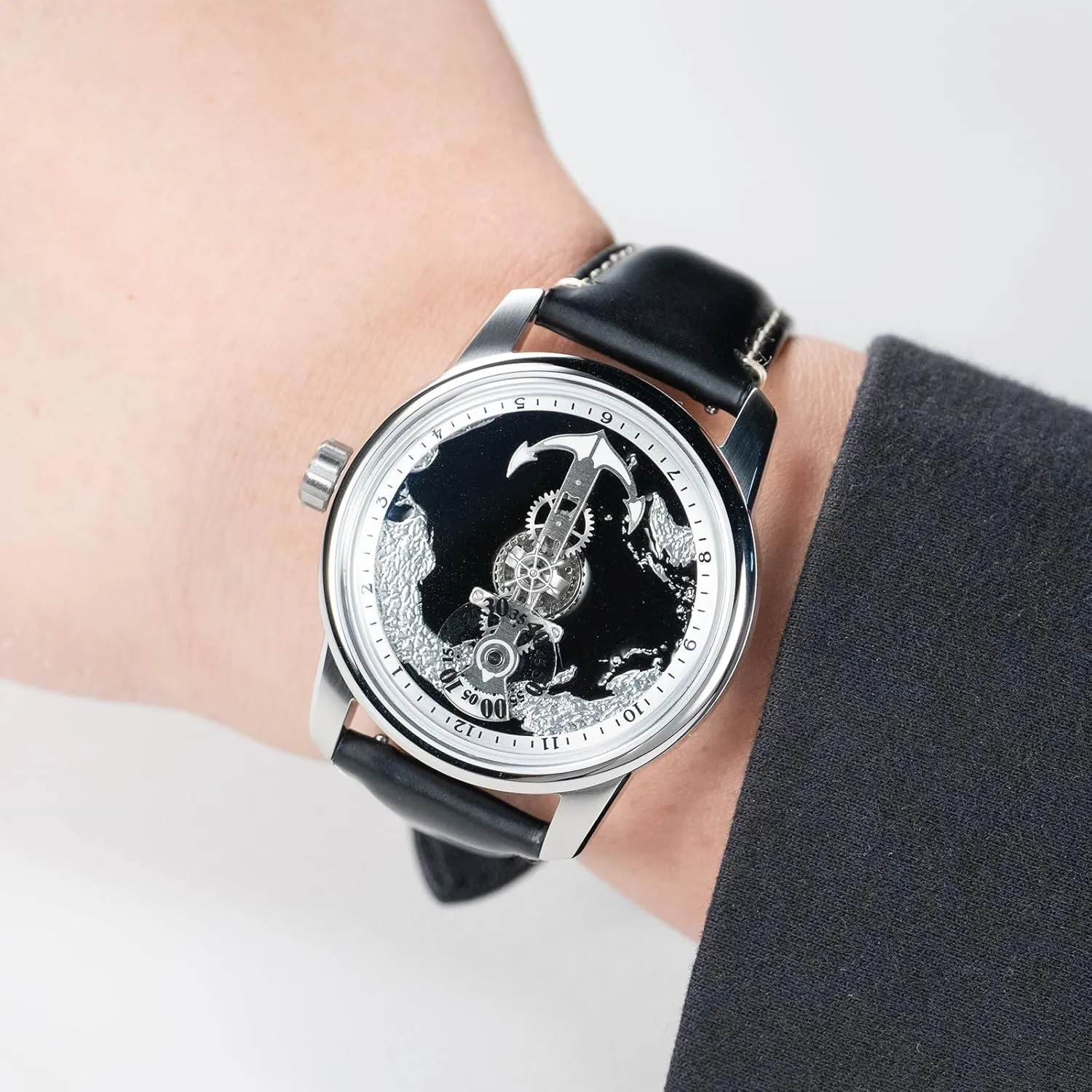 Map Dial Mens Automatic reap Watch Trendy Leather Strap Classic Watches Mechanical Wristwatch JM-SS Creative Navigator 
