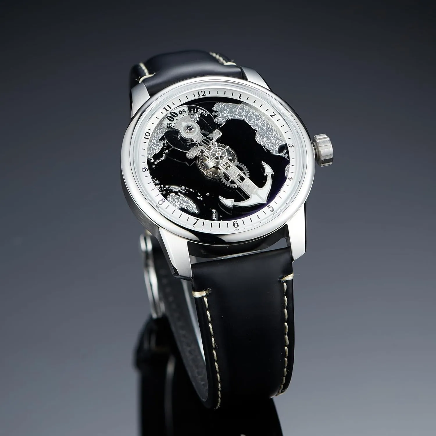 Map Dial Mens Automatic reap Watch Trendy Leather Strap Classic Watches Mechanical Wristwatch JM-SS Creative Navigator 