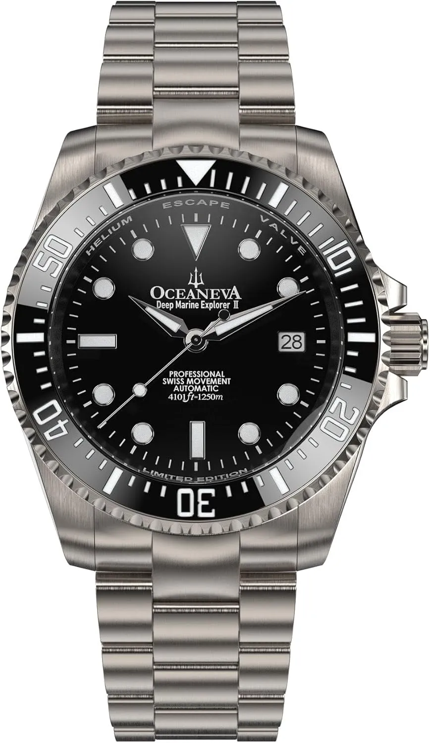 Marine Explorer II1250M Titanium Watch Black Diver Watch - 42 mm Screw Down Case Back - 1250M Water weave Resistance - Gold Plated Swiss Made Automatic Movement Watches Oceaneva? Men's Deep 